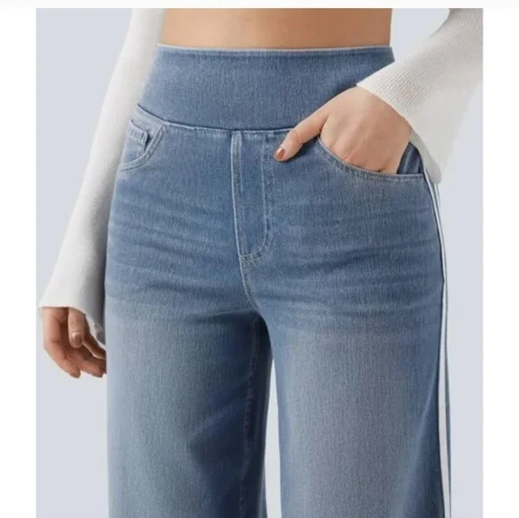 Brand New HALARA Light Blue Wide Leg Jeans with White Stripes Medium - Picture 3 of 10